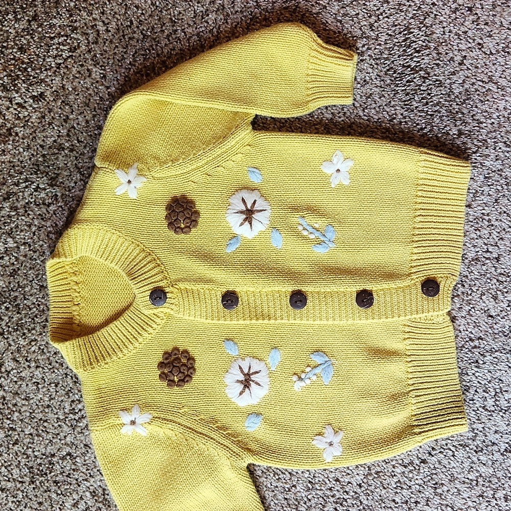 Girls' Yellow Floral Embroidered Knit Cardigan